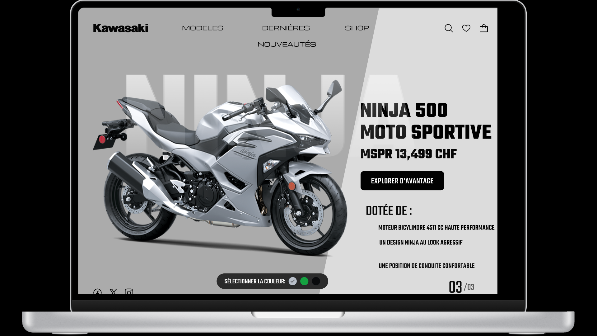 Page produit Kawasaki NINJA 500 – version blanche